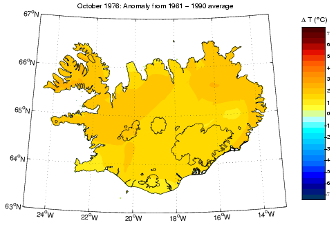 Frávik frá meðalhita í október 1976 