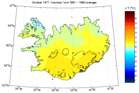 Frávik frá meðalhita í október 1977 