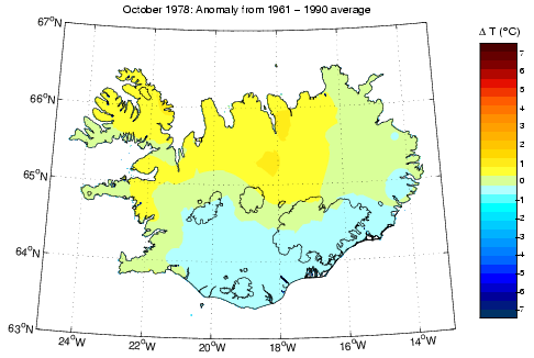 Frávik frá meðalhita í október 1978 