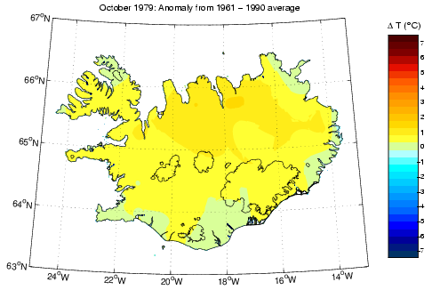 Frávik frá meðalhita í október 1979 