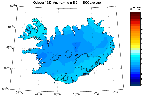 Frávik frá meðalhita í október 1980 