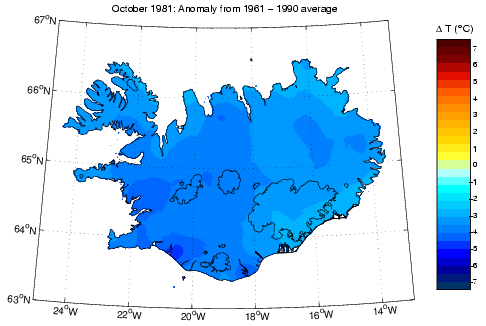 Frávik frá meðalhita í október 1981 