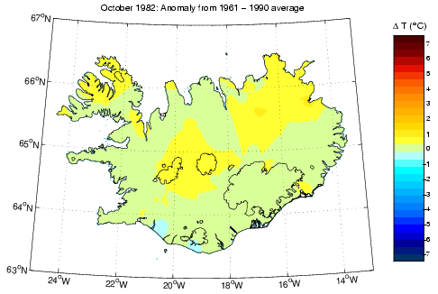 Frávik frá meðalhita í október 1982 