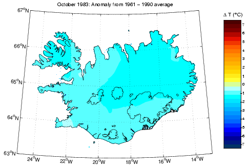 Frávik frá meðalhita í október 1983 