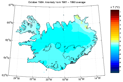 Frávik frá meðalhita í október 1984 