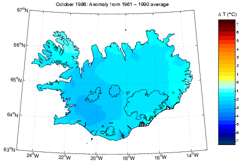 Frávik frá meðalhita í október 1986 