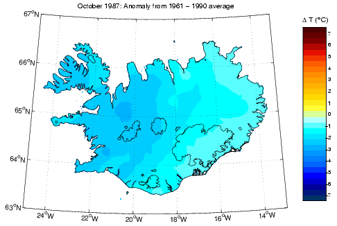 Frávik frá meðalhita í október 1987 