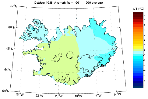 Frávik frá meðalhita í október 1988 