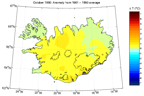 Frávik frá meðalhita í október 1990 