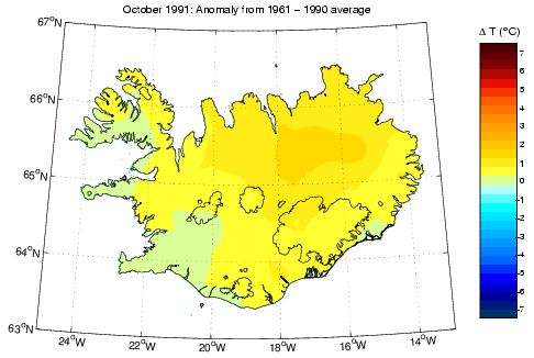 Frávik frá meðalhita í október 1991 