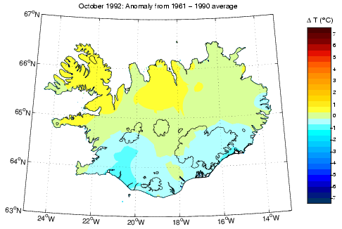 Frávik frá meðalhita í október 1992 