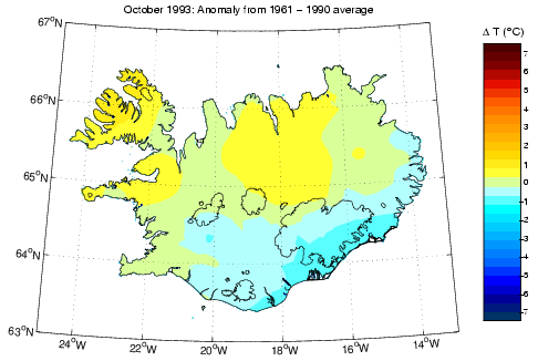 Frávik frá meðalhita í október 1993 