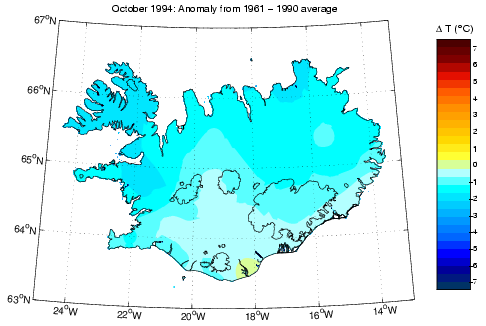 Frávik frá meðalhita í október 1994 