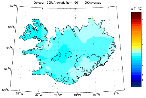 Frávik frá meðalhita í október 1995 