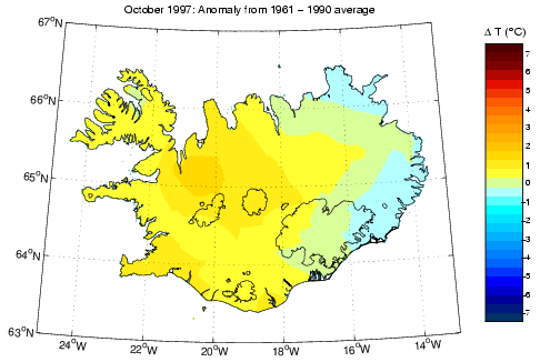 Frávik frá meðalhita í október 1997 