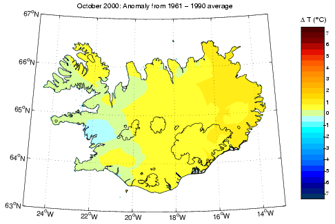 Frávik frá meðalhita í október 2000 