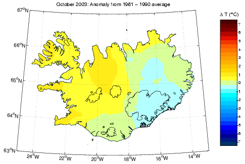 Frávik frá meðalhita í október 2003 