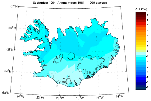 Frávik frá meðalhita í september 1964 