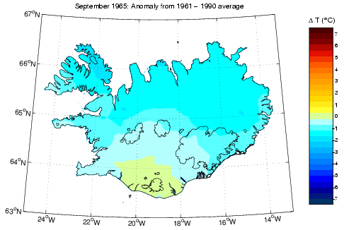 Frávik frá meðalhita í september 1965 