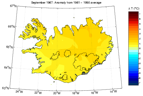 Frávik frá meðalhita í september 1967 