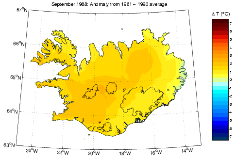 Frávik frá meðalhita í september 1968 