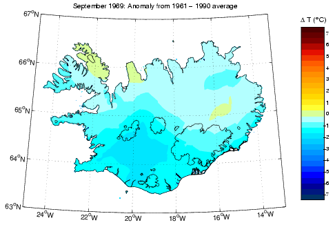 Frávik frá meðalhita í september 1969 