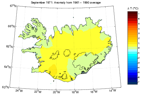 Frávik frá meðalhita í september 1971 