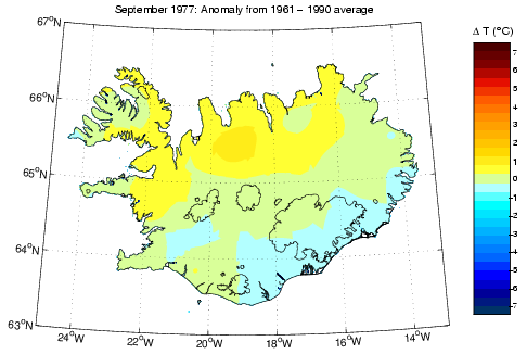 Frávik frá meðalhita í september 1977 