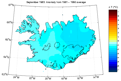 Frávik frá meðalhita í september 1983 