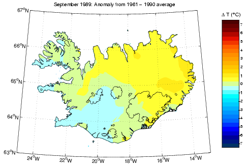 Frávik frá meðalhita í september 1989 