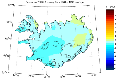 Frávik frá meðalhita í september 1990 