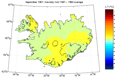 Frávik frá meðalhita í september 1991 