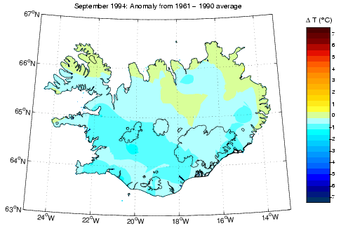 Frávik frá meðalhita í september 1994 