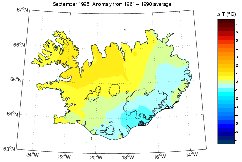 Frávik frá meðalhita í september 1995 