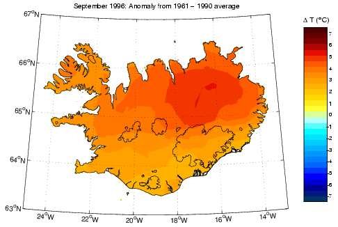 Frávik frá meðalhita í september 1996 