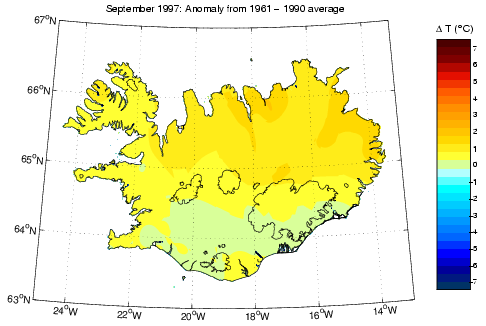 Frávik frá meðalhita í september 1997 