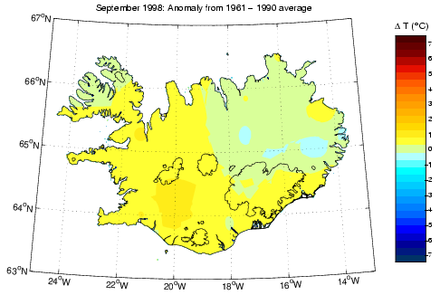 Frávik frá meðalhita í september 1998 