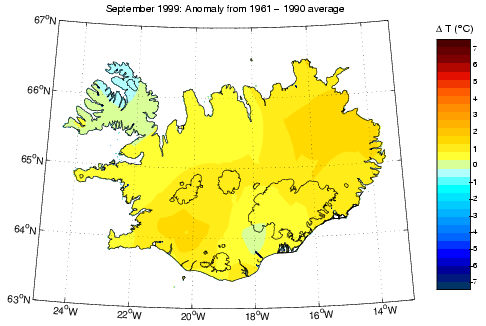 Frávik frá meðalhita í september 1999 